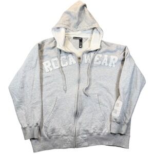 Rocawear Hoodie Mens 2XL Gray Full Zip Y2K Logo Applique 99 Patch Streetwear